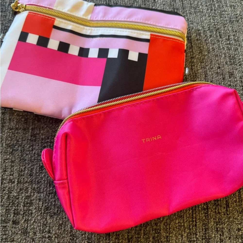 Trina Turk Pink and Red Cosmetic Bag Set with Bold Geometric Design